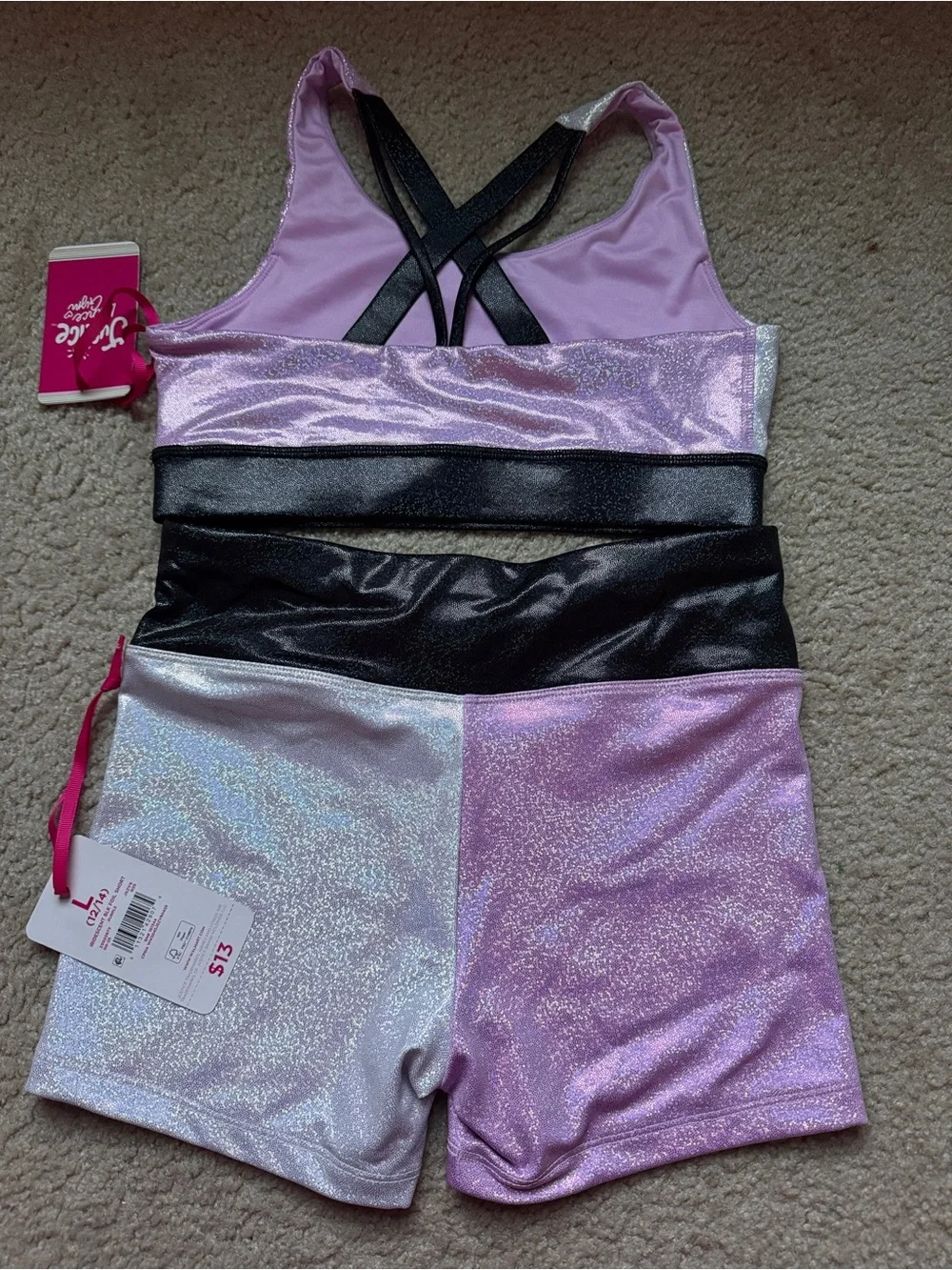 NWT Justice Girls 2-Pc Dance Gym Set – Holographic Purple & Silver (Size L)